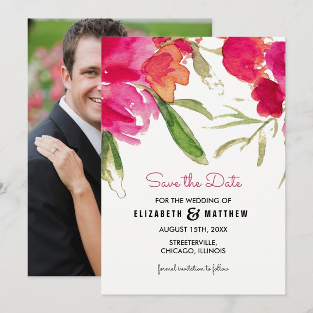 Save the Date. Fuchsia Floral Wedding Photo Card (Front/Back)