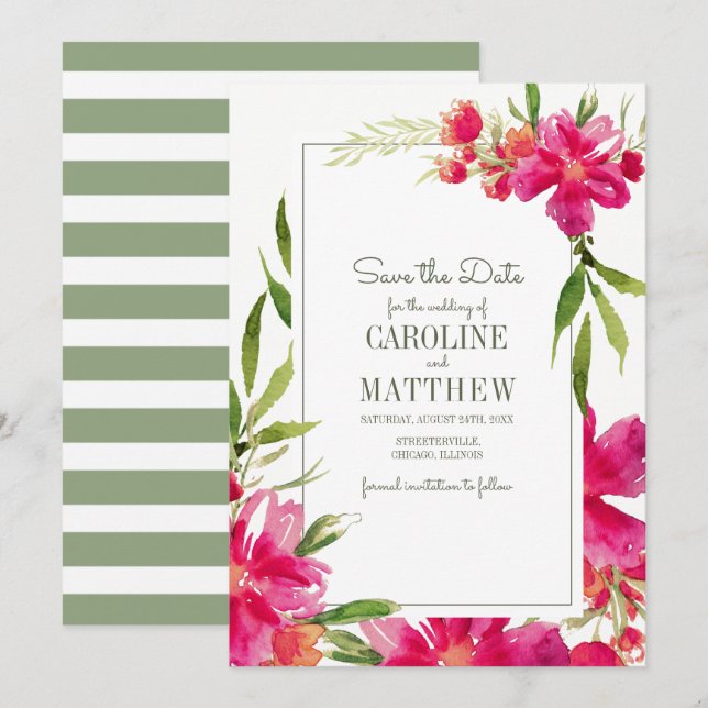 Save the Date . Fuchsia Green Floral Wedding Card (Front/Back)