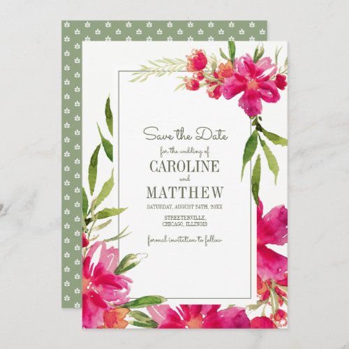 Save the Date Fuchsia Green Floral Wedding Card