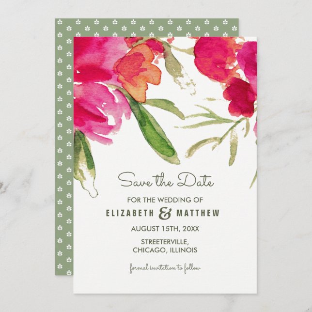 Save the Date. Fuchsia Green Floral Wedding  Invitation (Front/Back)