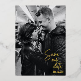 Save the Date Full Photo Modern Handwritten Gold Foil Invitation