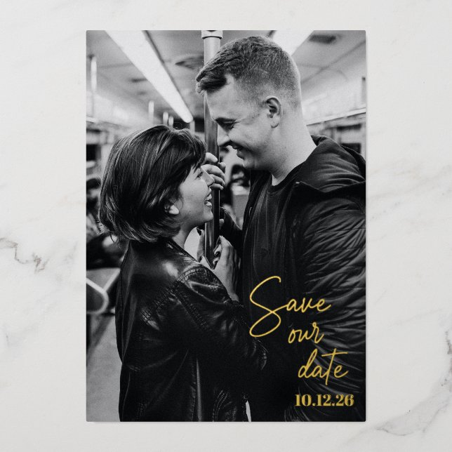 Save the Date Full Photo Modern Handwritten Gold Foil Invitation (Front)