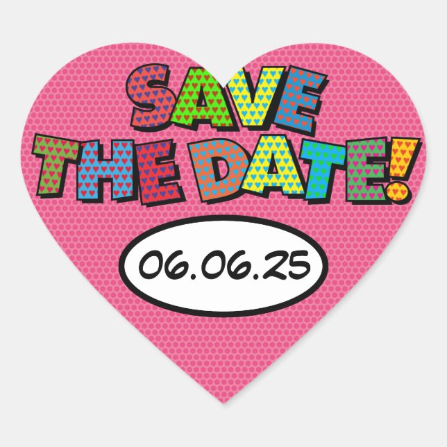 SAVE THE DATE Fun Retro Comic Book Pop Art Heart Sticker (Front)