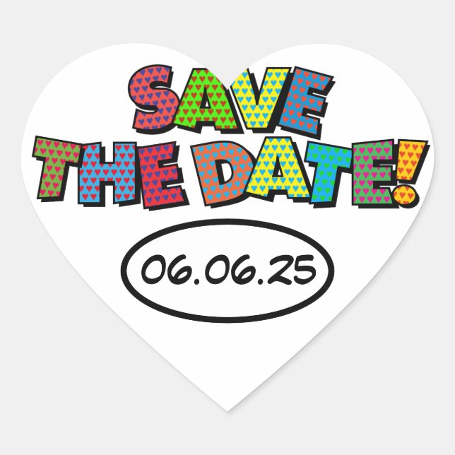 SAVE THE DATE Fun Retro Comic Book Pop Art Heart Sticker (Front)