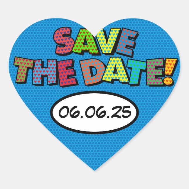 SAVE THE DATE Fun Retro Comic Book Pop Art Heart Sticker (Front)