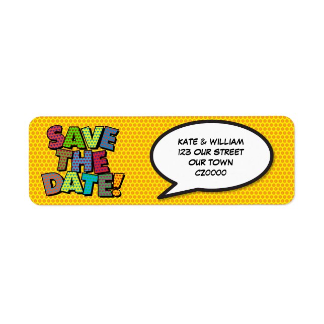 SAVE THE DATE Fun Retro Comic Book Pop Art Label (Front)