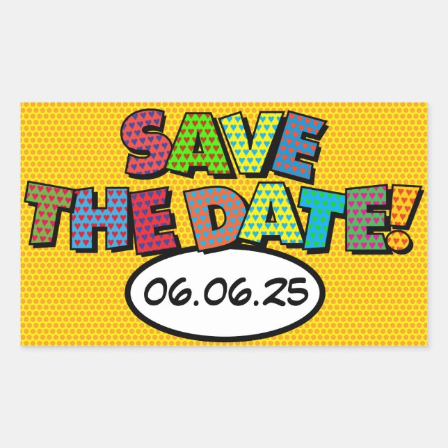 SAVE THE DATE Fun Retro Comic Book Pop Art Rectangular Sticker (Front)
