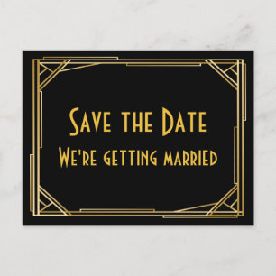Save The Date Gatsby Gold Black Art Deco Wedding Announcement Postcard