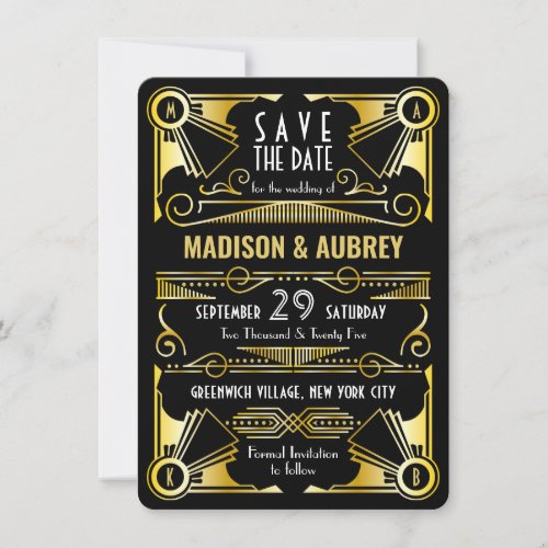 Save the Date Gatsby Wedding Art Deco Gold Black