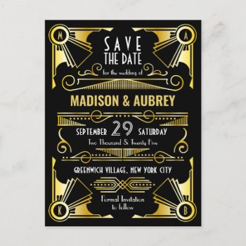 Save The Date Gatsby Wedding Art Deco Gold Black Announcement Postcard by BCVintageLove at Zazzle