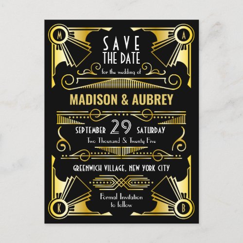 Save the Date Gatsby Wedding Art Deco Gold Black Announcement Postcard