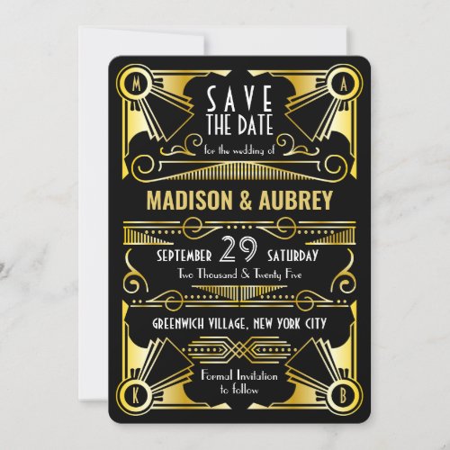 Save the Date Gatsby Wedding Art Deco Gold Black Invitation
