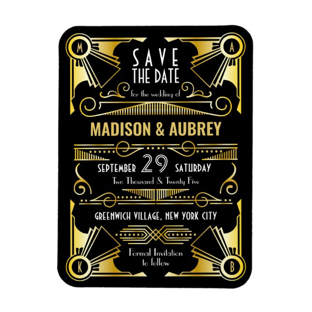 Save the Date Gatsby Wedding Art Deco Gold Black Magnet (Vertical)