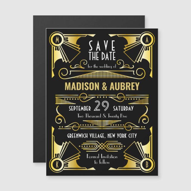 Save the Date Gatsby Wedding Art Deco Gold Black Magnetic Invitation (Front/Back)