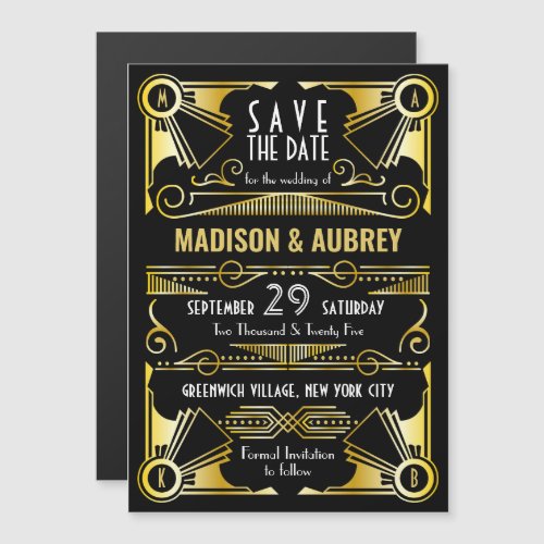 Save the Date Gatsby Wedding Art Deco Gold Black Magnetic Invitation