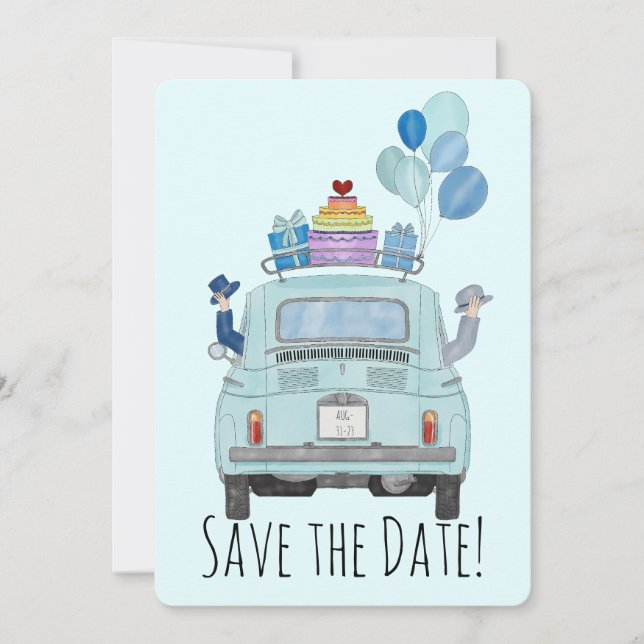 Save the Date Gay Couple in Fiat 500.  Invitation (Front)