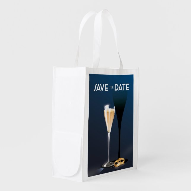 Save the Date Glass and golden rings Grocery Bag (Front Side)
