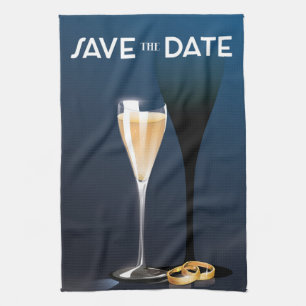 Save the Date Glass and golden rings Kitchen Towel