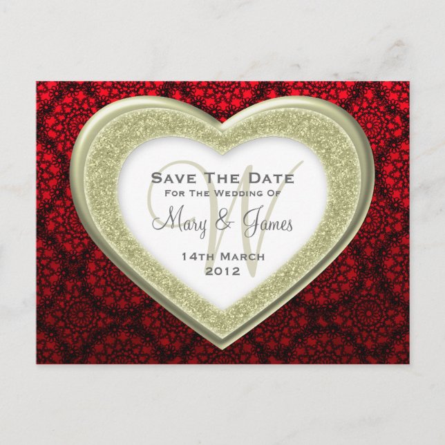 Save The Date Glitter Heart Gold Mod Lace Red Announcement Postcard (Front)