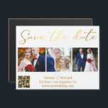 save the date gold 3 photos qr code wedding magnet<br><div class="desc">elegant stylish save the date , minimalist golden calligraphy,  qr code wedding  three photos collage magnet.</div>