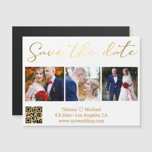 save the date gold 3 photos qr code wedding magnet