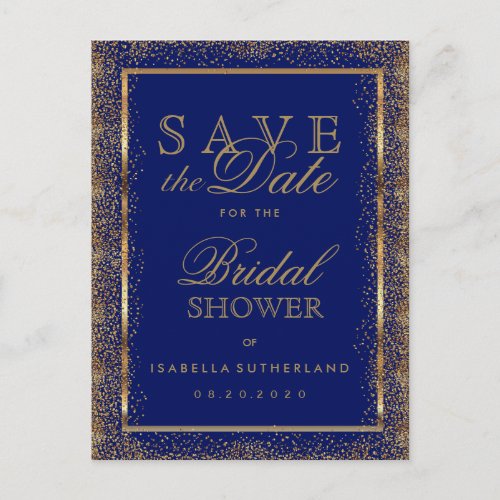 Save the Date Gold and Dark Blue _ Bridal Shower Announcement Postcard