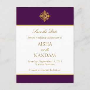 Save the date Gold and Purple Postcard