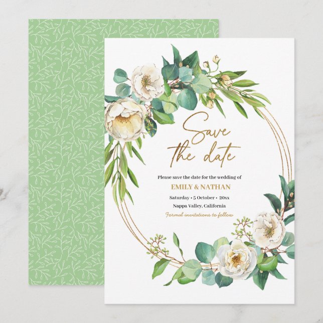 Save the date Gold and White floral Invitation (Front/Back)