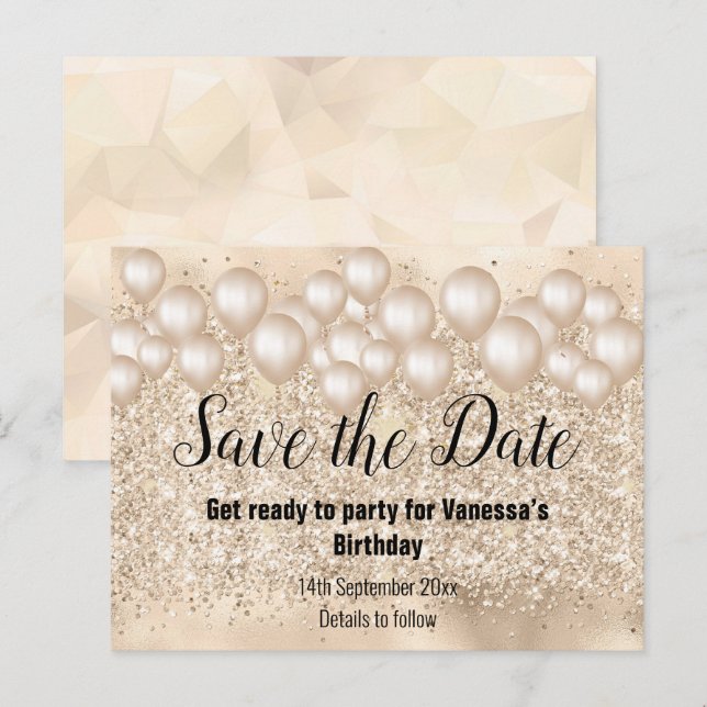 Save the Date Gold Balloons Glitter 2Announcement  Announcement Postcard (Front/Back)