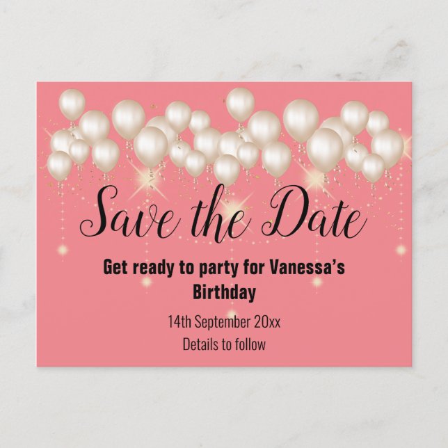Save the Date Gold Balloons Sparkle PEACH Announcement Postcard (Front)