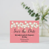 Save the Date Gold Balloons Sparkle PEACH Announcement Postcard (Standing Front)