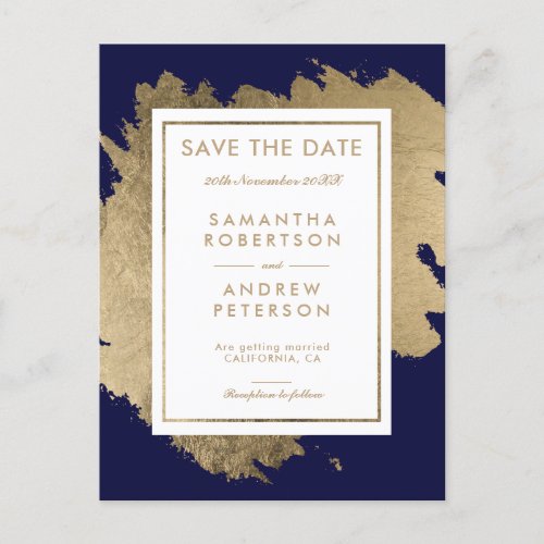 Save the Date gold brushstrokes navy blue Announcement Postcard