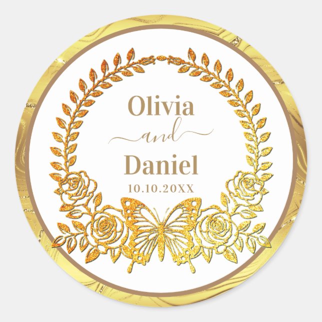 Save the Date, Gold Butterfly and Flower Classic Round Sticker (Front)