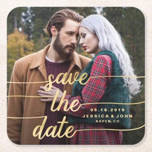 Save The Date Gold Calligraphy Faux Foil Photo Square Paper Coaster