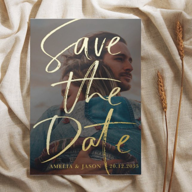 Save the Date Gold Calligraphy Photo Foil Foil Invitation (Creator Uploaded)