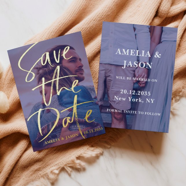 Save the Date Gold Calligraphy Photo  Foil Invitation (Creator Uploaded)