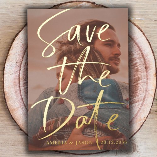 Save the Date Gold Calligraphy Photo Foil Invitation