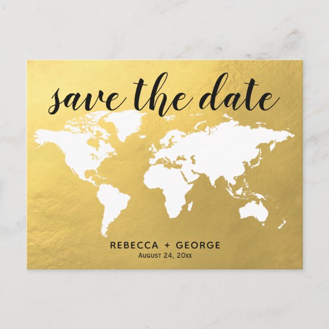 save the date gold chic destination wedding announcement postcard (Front)
