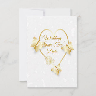 Save The Date Gold Coloured Heart Butterflies Invitation