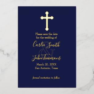 Save the Date Gold Cross Any Color Photo Back 4 Foil Invitation