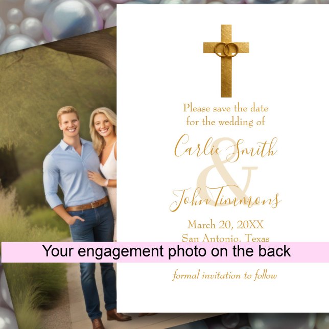 Save the Date Gold Cross with Wedding Rings Photo  (Creator Uploaded)