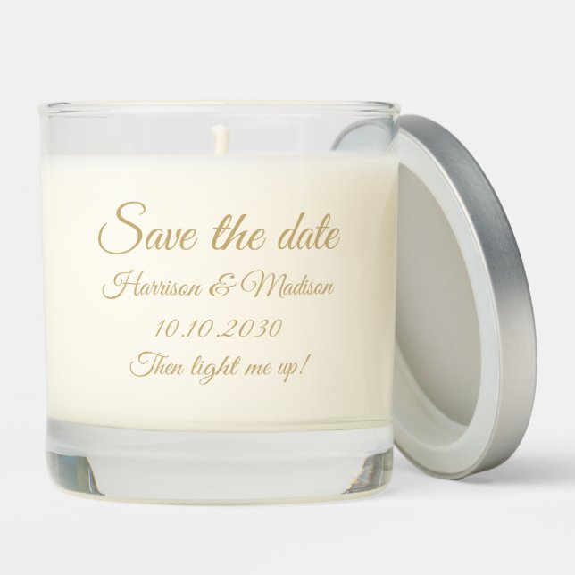 Save the Date gold custom wedding announcement Scented Candle (Lid)