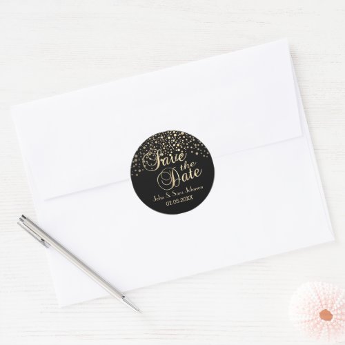 Save the Date  Gold Dots and Black  Personalize Classic Round Sticker