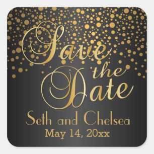 Save the Date Gold Dots and Black Personalize Square Sticker