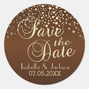 Save the Date Gold Dots and Brown Personalize Classic Round Sticker