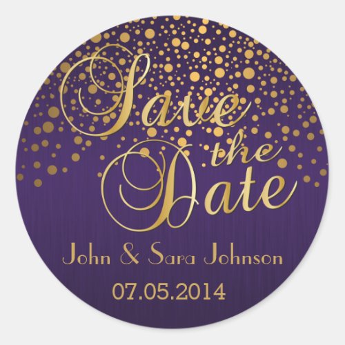 Save the Date  Gold Dots and Purple  Personalize Classic Round Sticker