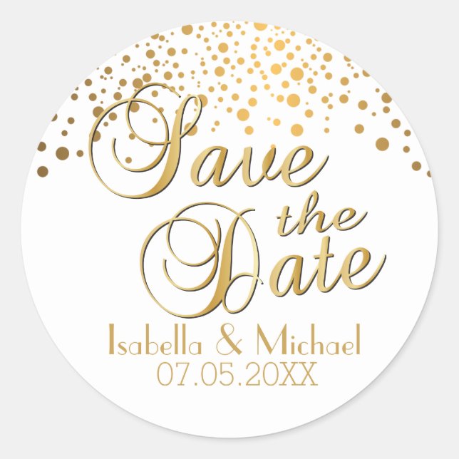 Save the Date | Gold Dots | Personalize Classic Round Sticker (Front)