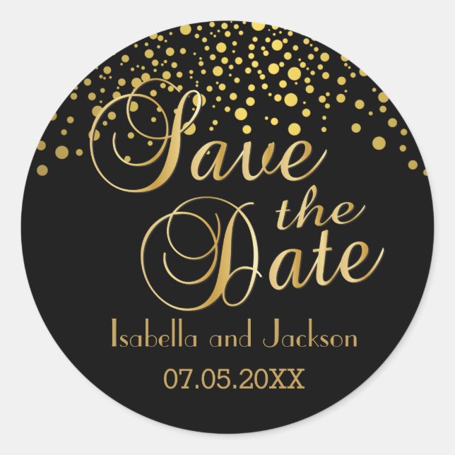 Save the Date | Gold Dots | Personalize Classic Round Sticker (Front)