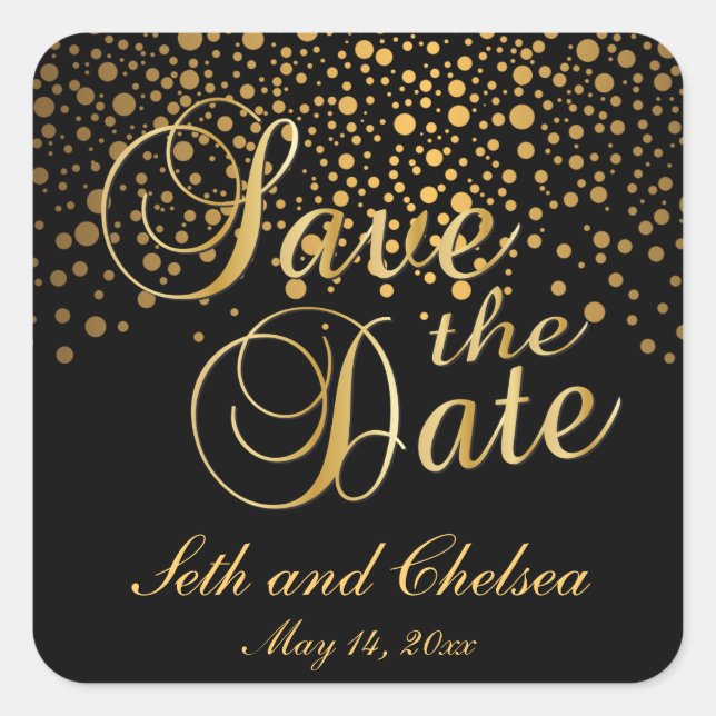 Save the Date Gold Dots | Personalize Square Sticker (Front)