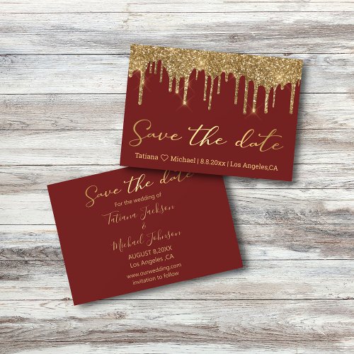 save the date gold dripping glitters  red wedding note card